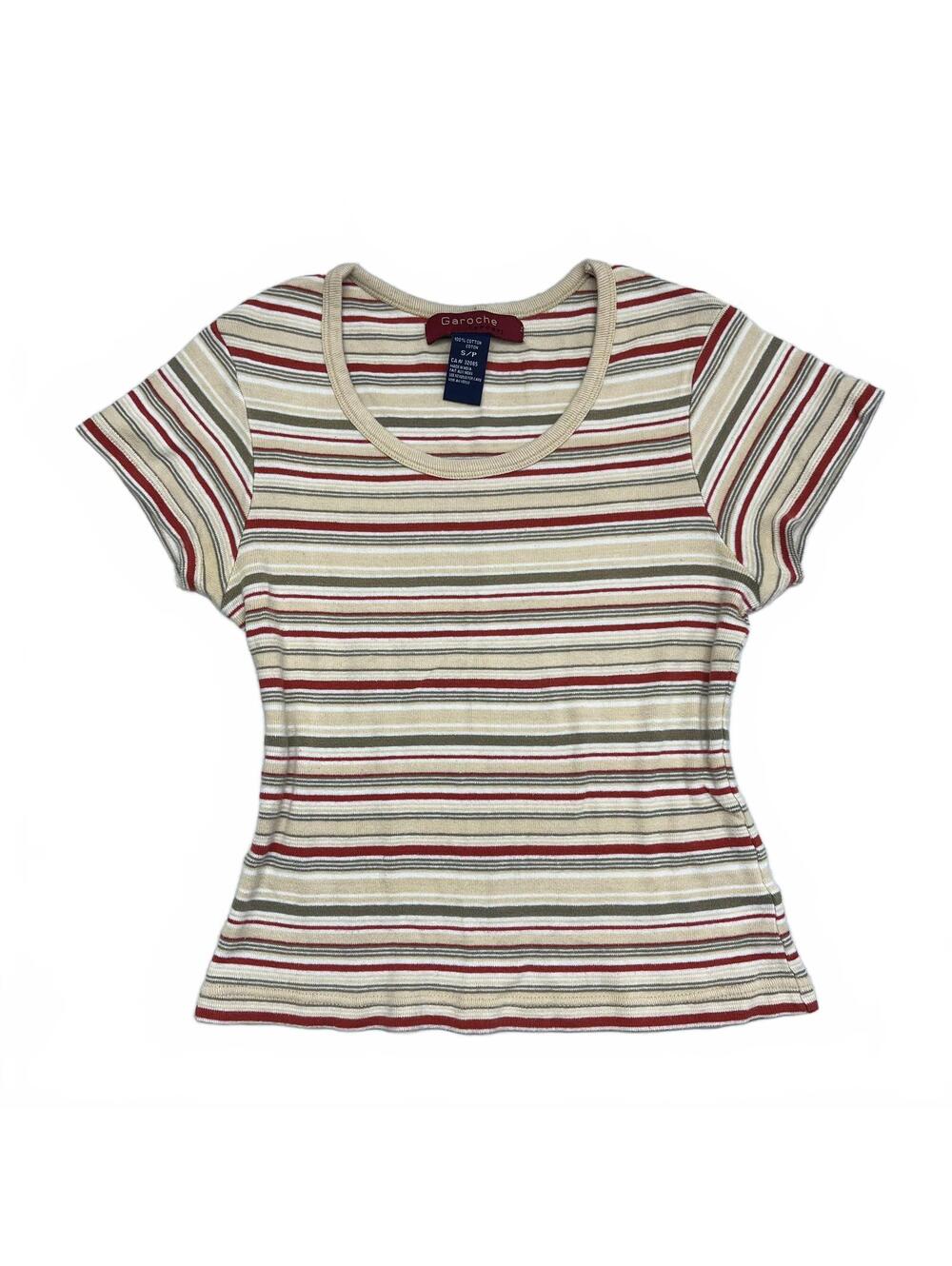 Vintage 90s Early 2000s Garoche Sz S Beige Green & Red Striped Cotton Baby Tee